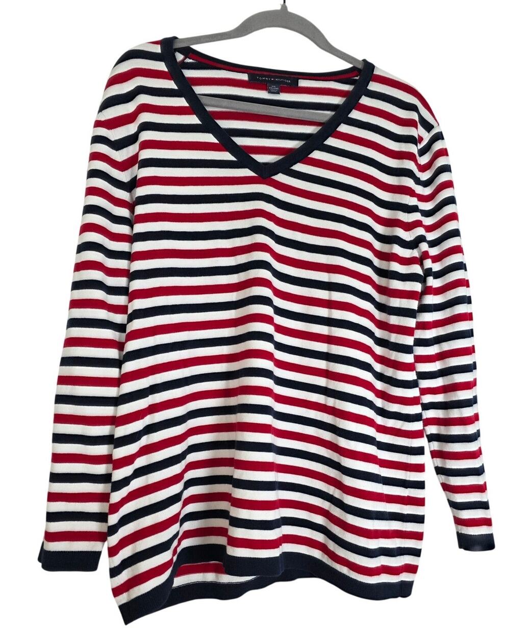 Preppy Stripe Sweater Tommy Hilfiger Women's XXL Red White Navy V Neck Classic